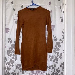 Brown Long sleeved suede dress